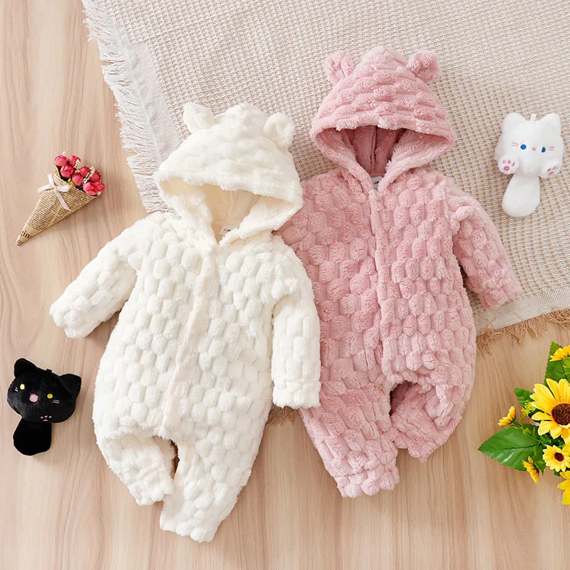 

2pcs Newborn Baby Romper Winter Flannel white pink Hooded ears long sleeve Unisex Baby Bodysuits 0-18 months Comfort Clothes