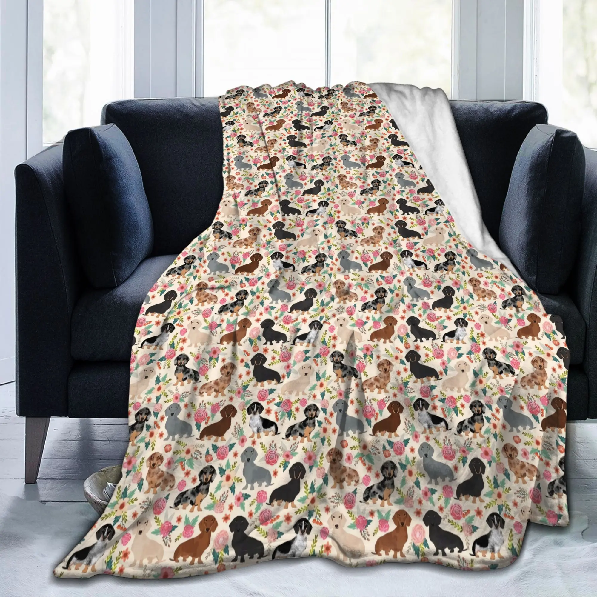 Doxie Florals Dachshund Blanket Soft Fleece Spring Warm Flannel Sausage Dog Lovers Throw Blankets for Sofa Outdoor Bedding Quilt