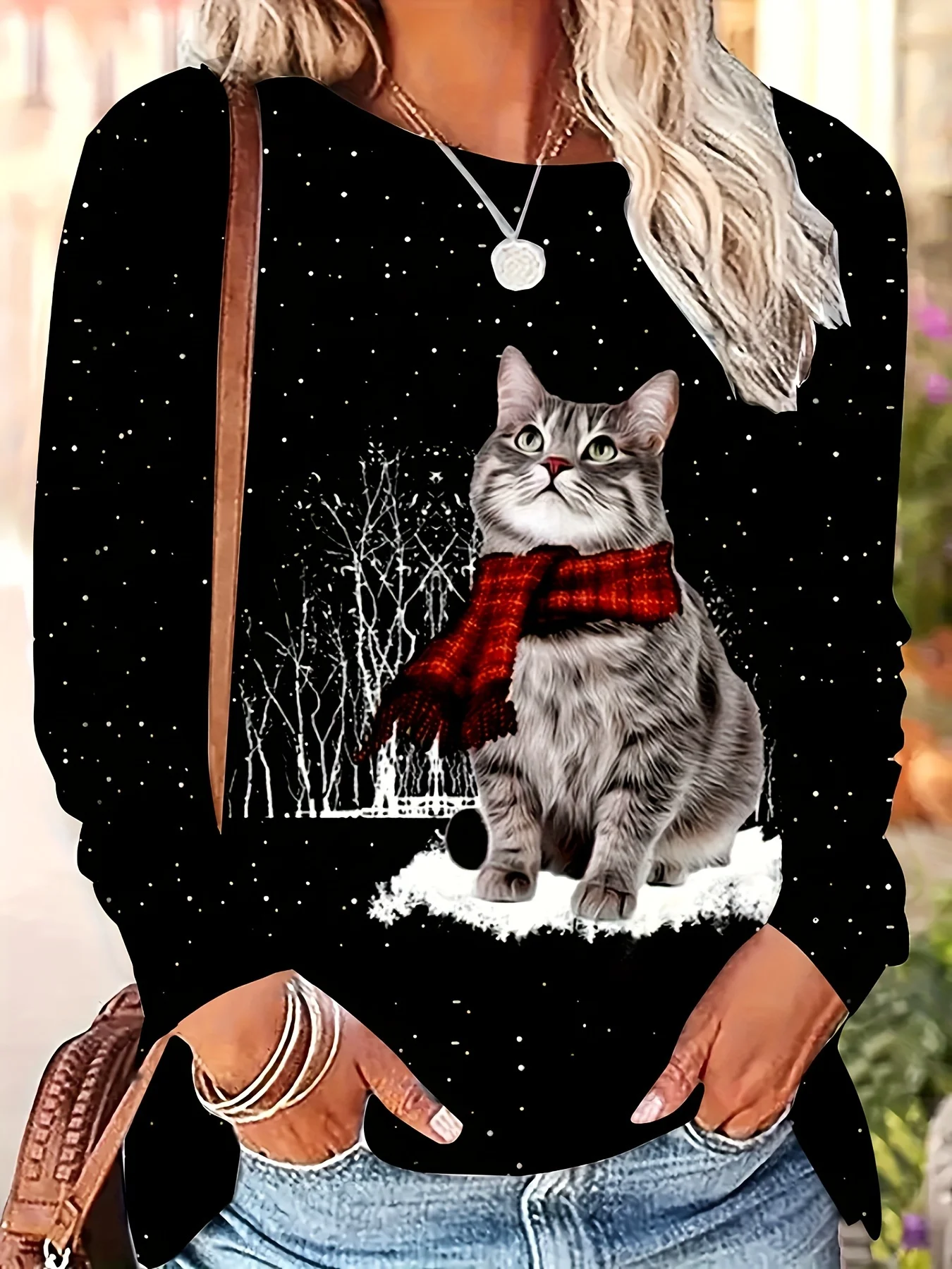 [Cat Print T-Shirt] Women's Cute Cat Print Crew Neck Short Sleeve T-Shirt - Christmas Fashion Print Party Casual Top