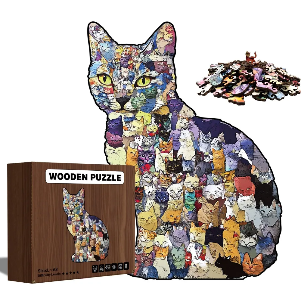 Unique Wooden Cat Puzzle - Cute Irregular Kittens, Stress-relieving Game for Puzzle Enthusiasts on Festivals & Special Occasions