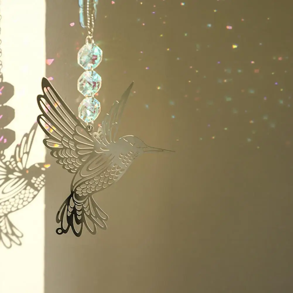 Anti-oxidation Metal Decor Hummingbird Sun Catcher with Colored Glass Pendant Decorative Metal Wall Hanging Refracted Light