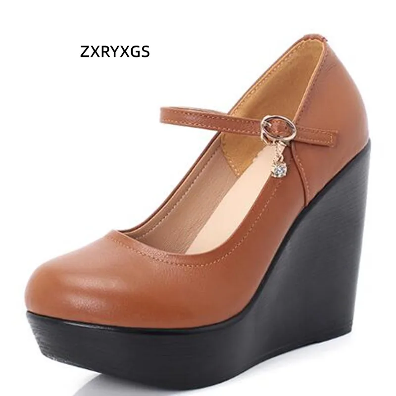 

2024 Popular Top Cowhide Women Real Leather Shoes Platform Wedges Super High Heels Light Comfort Non-slip Women Pumps Size 33-41