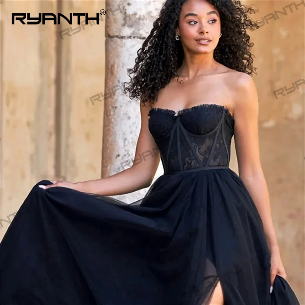 Ryanth Black Lace Elegant Sexy Wedding Party Dress Sweetheart Celebrity Dresses Side Split Special Occasion Dresses robes du soi