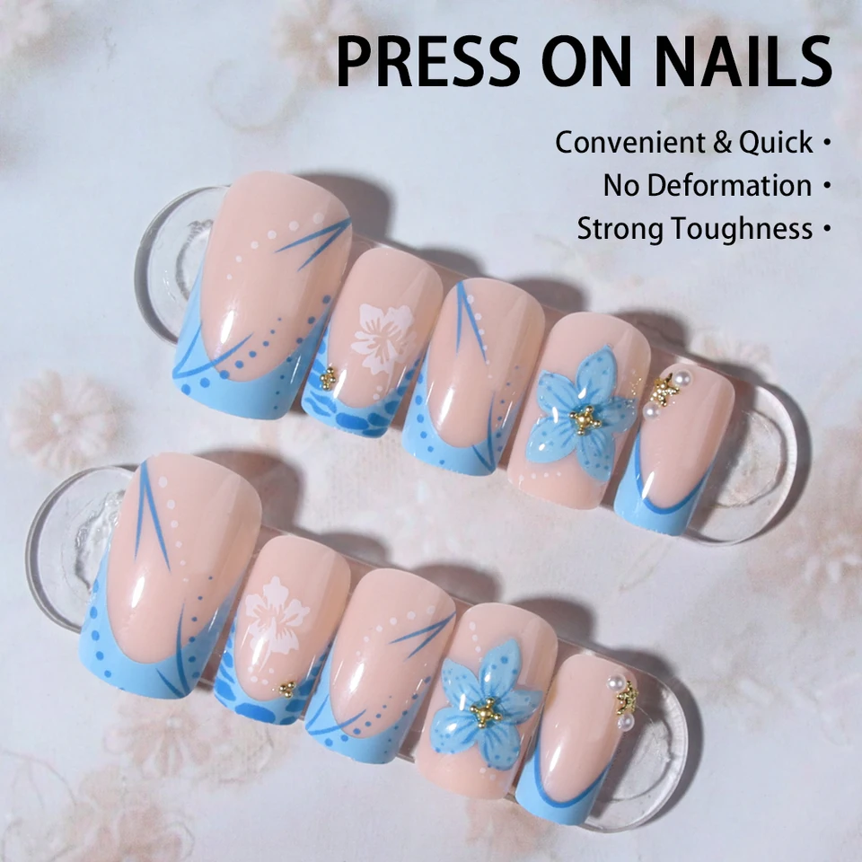 24 piezas de uñas postizas cortas cuadradas con gel 3D y decoración de perlas, francesas azul claro acrílicas, ajuste perfecto 2