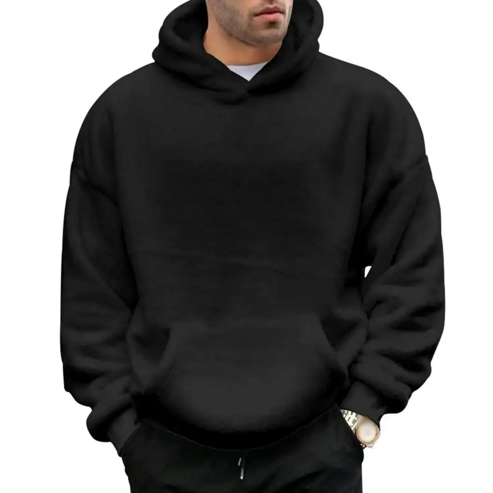 Men Hoodie Pullover Double-sided Velvet Hoodie with Front Pocket Thermal Lining Sweatshirts Winter Top