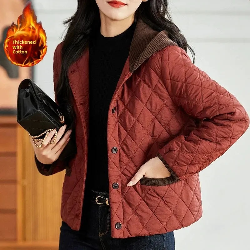 

Casual Cotton Jaet Women's Autumn Winter ort Coat with Hood Diamond Pattern Warmth Mom's Faion Sli Cact Size