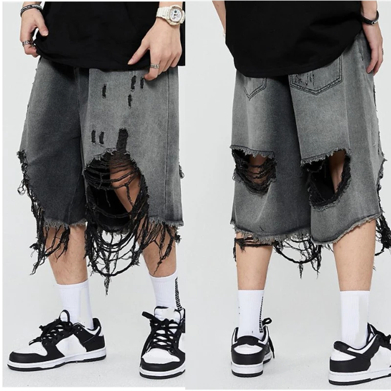 Hip Hop Men\'s Shorts 2022 Summer High Street Man Denim Short Knee Length Pants