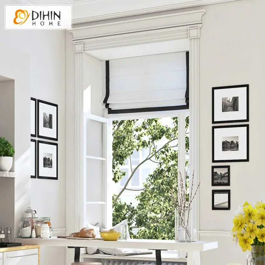 

Modern Motorized Cotton White With Black Trims Roman Shades Light Filter / Blackout Roman Blinds Window Curtains With Mechanism