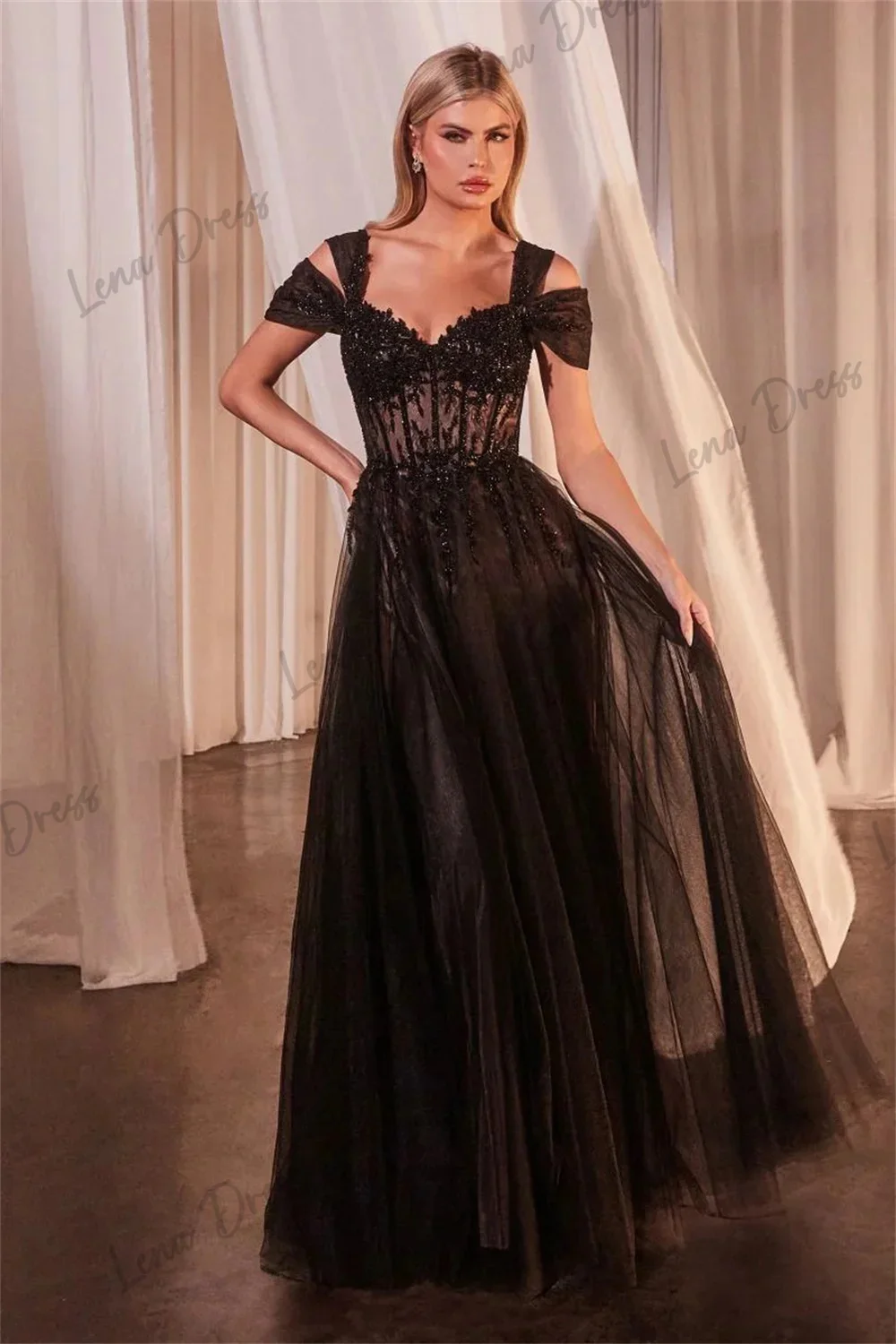 

Lena Black Tulle Prom Dresses 2024 Women Embroidered Lace Evening Dress Evening Dress Stylish Wedding A-line Glitter Corset Gala