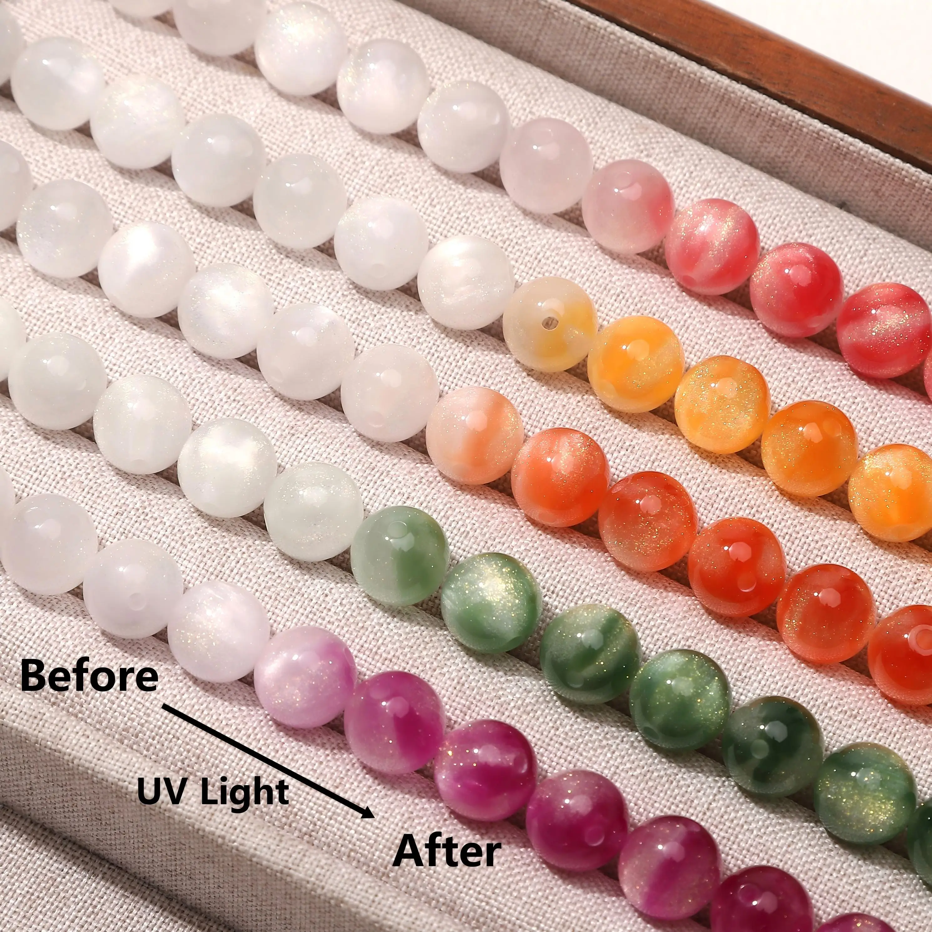 10 mm, 50 Stück, UV-Licht, farbwechselnde runde Harzperlen, lose Abstandsperlen für DIY-Armbänder, Halsketten, Bastelbedarf, Schmuckherstellung – Detail 3