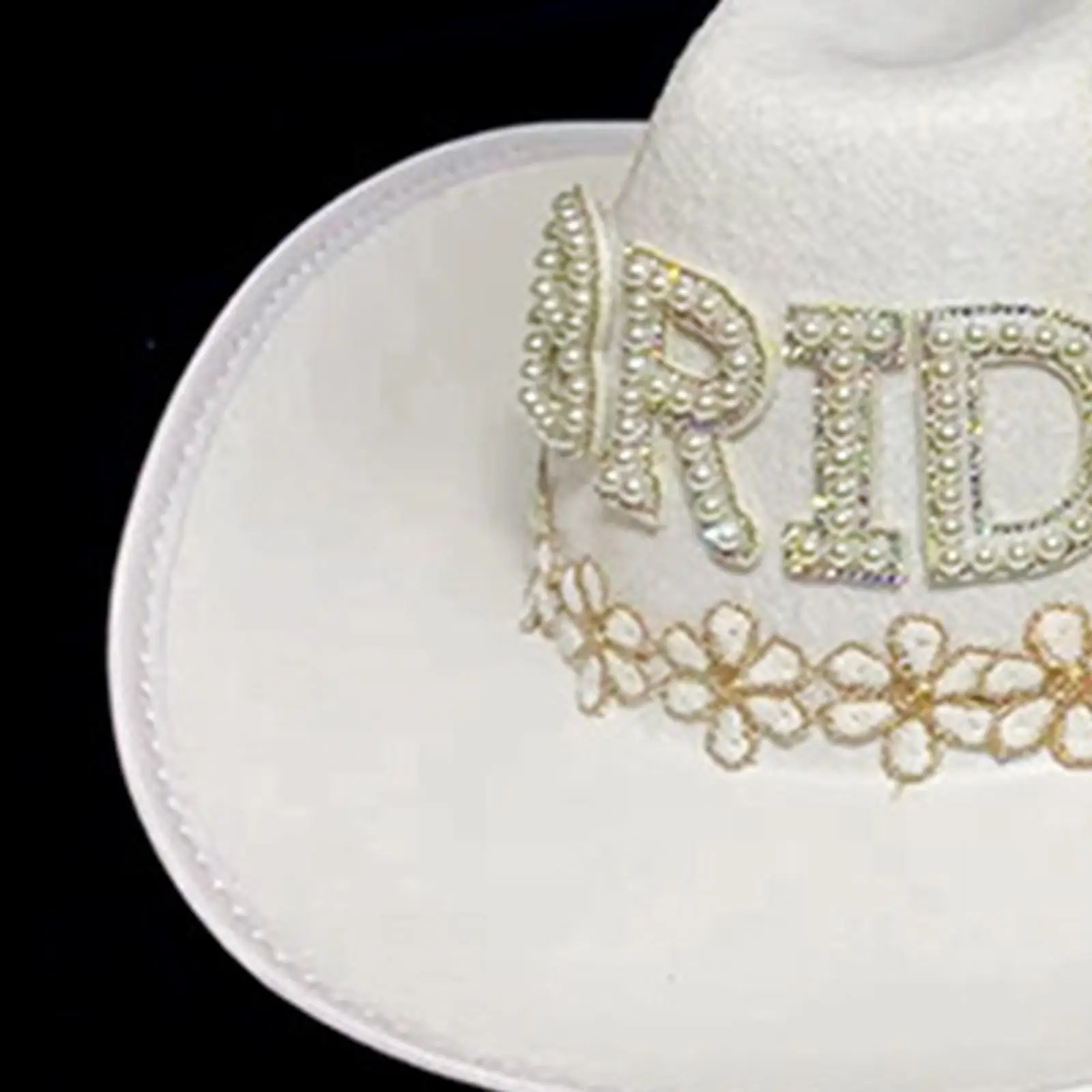 Women Cowboy Hat White Flower Applique Pearl Beaded Cowgirl Hat for Wedding Engagement Party