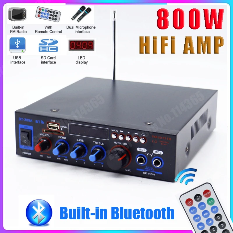 AMPLIFICADOR DE POTENCIA DE 800W, dispositivo de Audio estéreo Digital Hifi con Bluetooth, 12/220V, compatible con FM, USB, SD, control remoto,