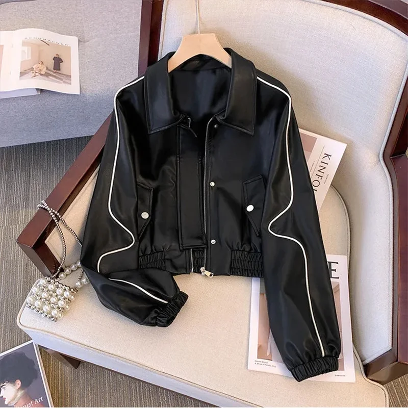 Chaqueta de cuero PU de alta gama para mujer, chaqueta de cuero de motocicleta versátil a la moda holgada, Top corto para primavera y otoño 2025