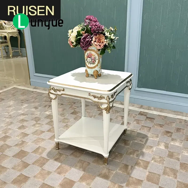 French Solid Wood Small Coffee Table European Luxury Carved Corner Side Table for Living Room Bedroom Elegant Home