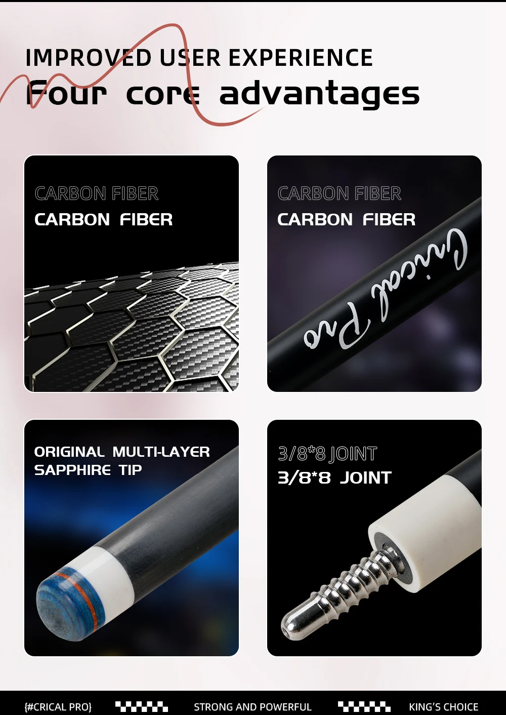 CRICAL Pro Billardqueue aus Carbonfaser, geringe Abweichung, 12,5 mm Saphirspitze, 3/8x8 Stahlverbindung, mattierter Griff, XTC, 58 Zoll, 19-20 Unzen – Detail 2