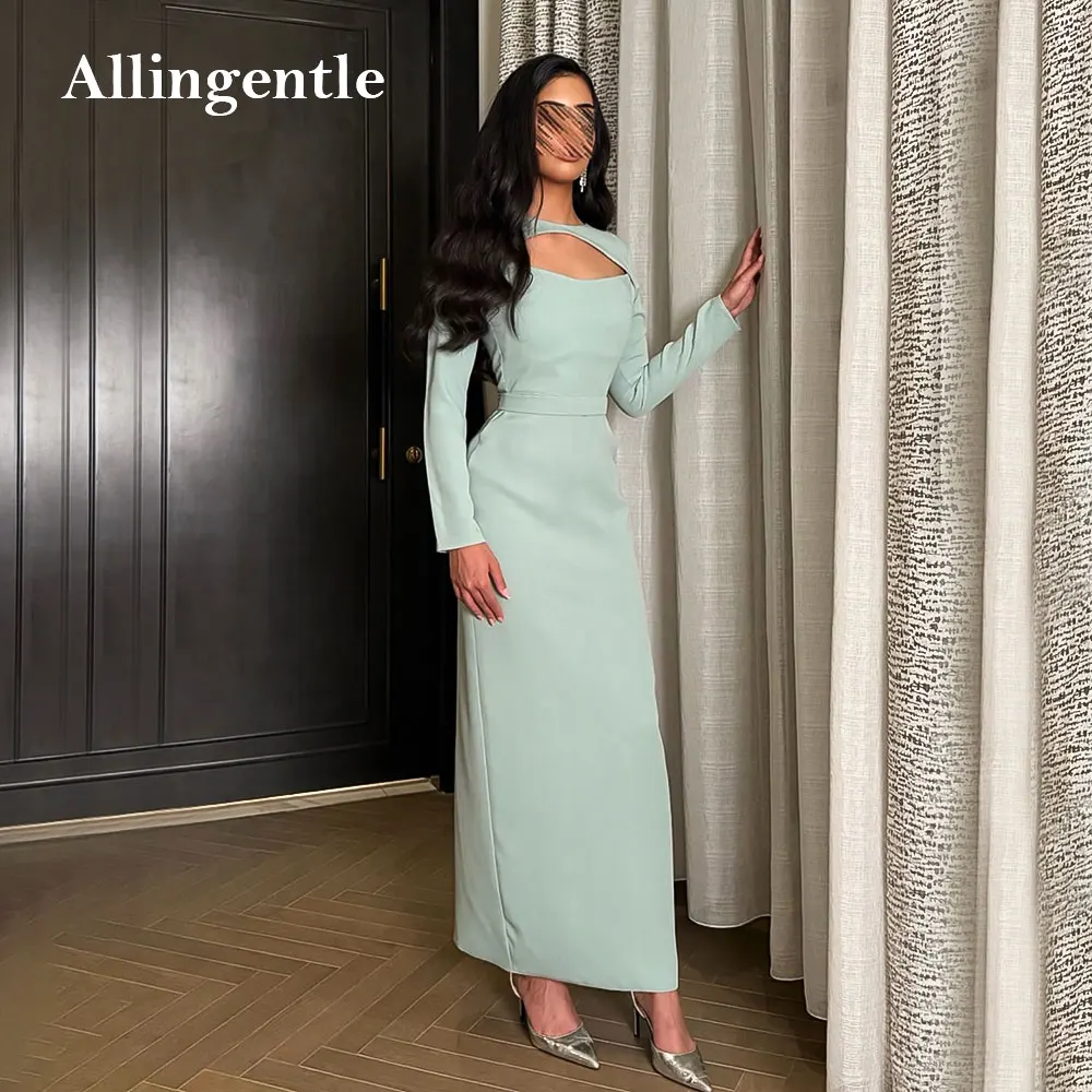 Robe de soirée élégante en Satin bleu bébé, longueur cheville, gaine, manches longues, robes de bal pour femmes, robes de fête de mariage personnalisées