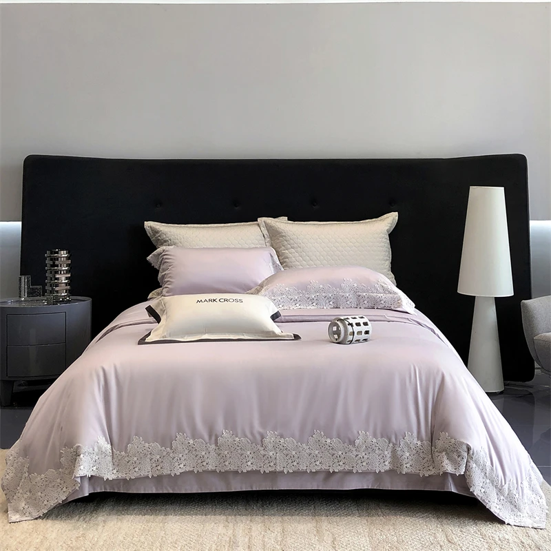 1000TC Lyocell Cotton Brushed Luxury Bedding Set, Flowers Lace Edge Duvet Cover, Bed Sheet/Fitted Sheet, With Pillowcases, 4Pcs