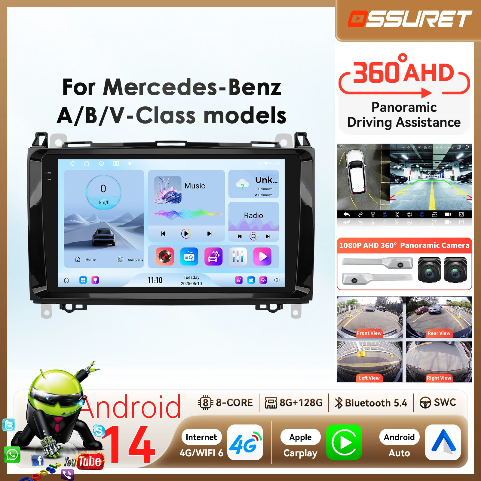 by Snapdragon 8-Core Android 14 Car Radio for Mercedes Benz B200 Viano W639 W169 W245 Sprinter W906 Carplay GPS 360 multimedia