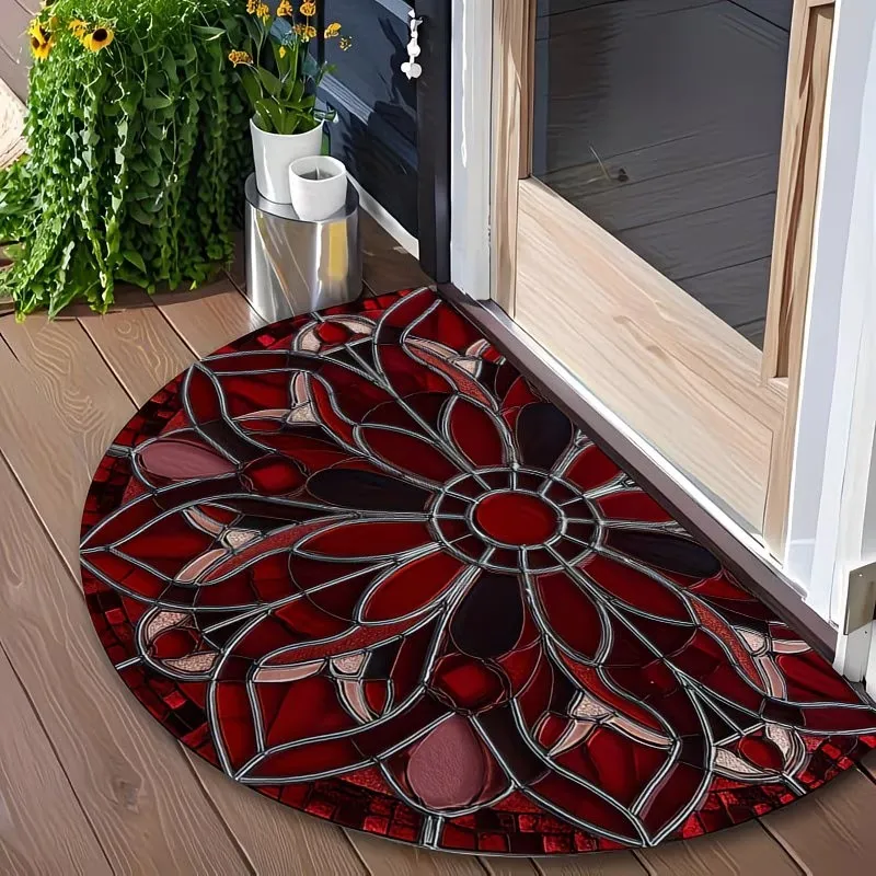 Vintage Stained Glass Semi-Circle Doormat Non-Slip Half Moon Entrance Rug Gothic Style Welcome Mat for Home Hallway Decor