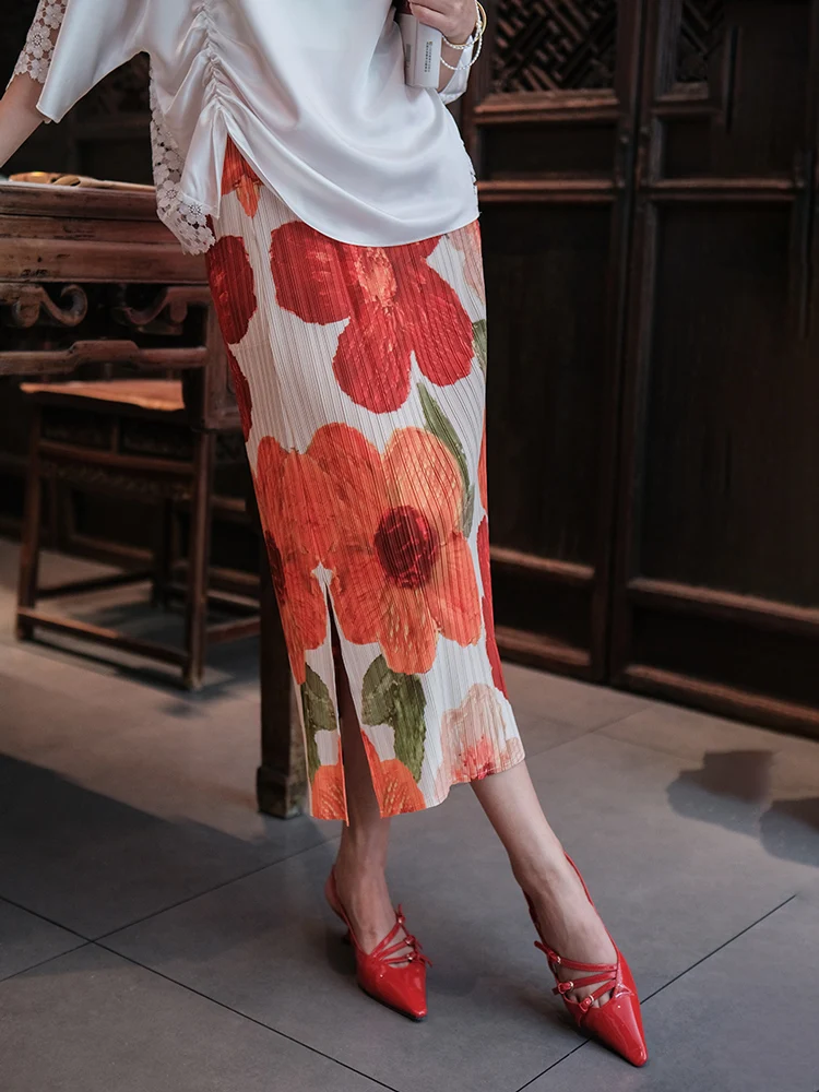 

Slimming Floral Print f Skirt Bright Colors Summer Wrinkle Romantic Dopane Interface Polyester Fiber Midi Skirt