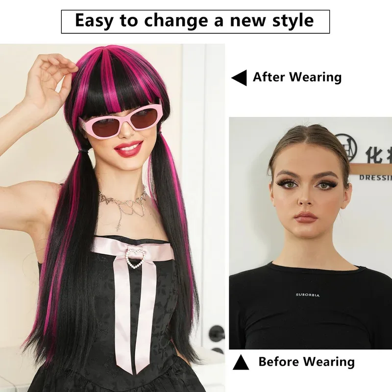 25COSHighlight مصبوغ أحمر طويل مستقيم الشعر شعر مستعار اصطناعي الوحش عالية الطابع Draculaura كوس شعر مستعار أنيمي عرض الواقع شعر مستعار
