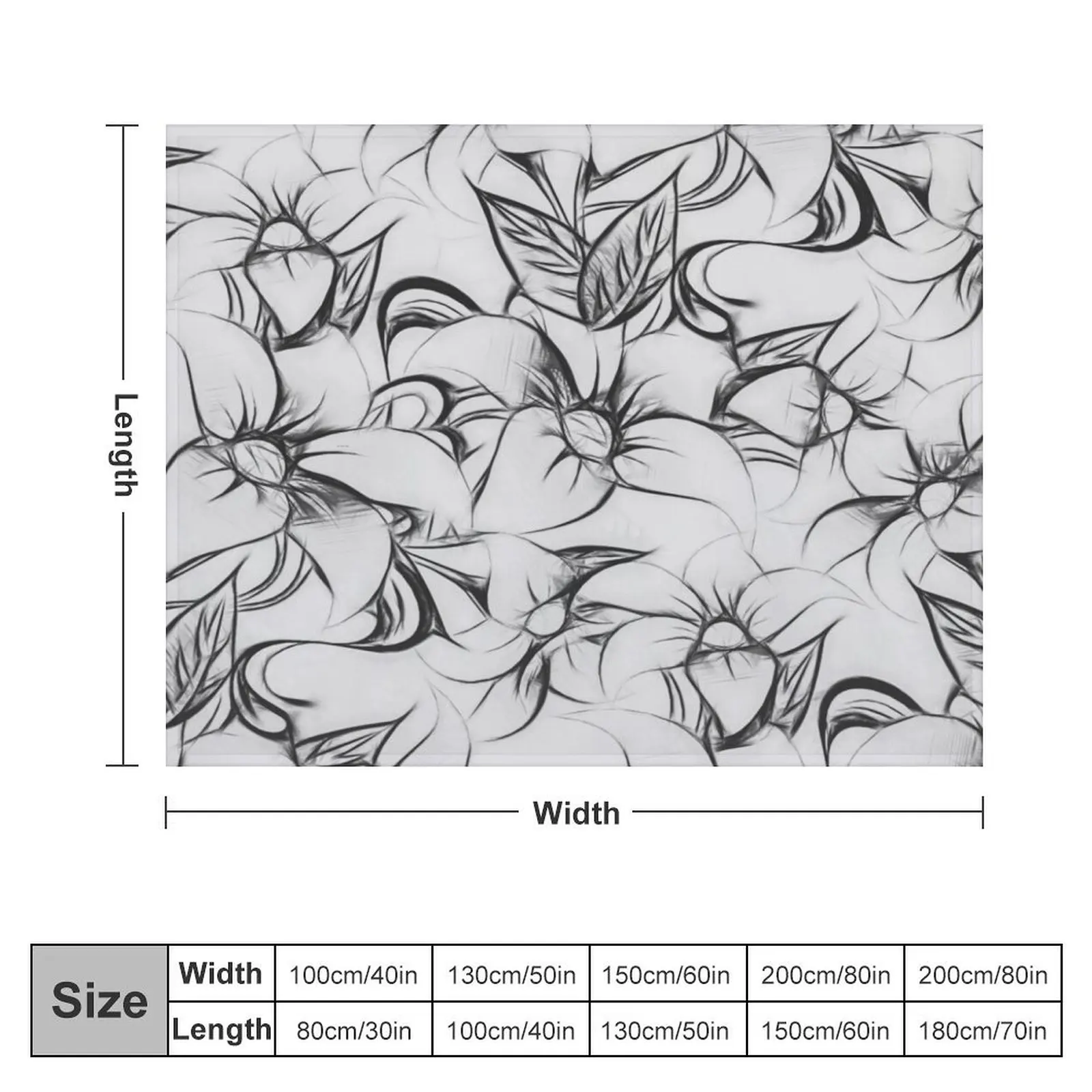 Black and white pencil sketch floral pattern Throw Blanket Hairy Flannel Fabric Travel Custom Blankets