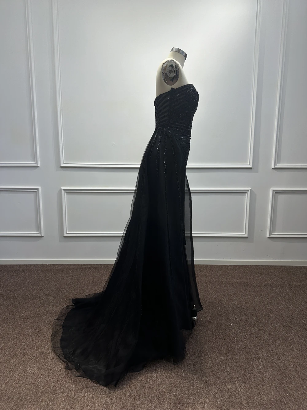 Black Beading Evening Dresses With Tulle Skirt 2024 One Shoulder Mermaid High Split Luxury Arabic Formal Party Prom Gowns