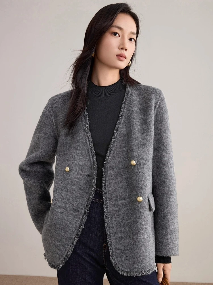 

SENTUBILA Double Sided Woolen Coats for Woman 2025 Winter Fringe Trim V-neck Jacket Elegant Loose Fit Women's Clothing W54OG2667