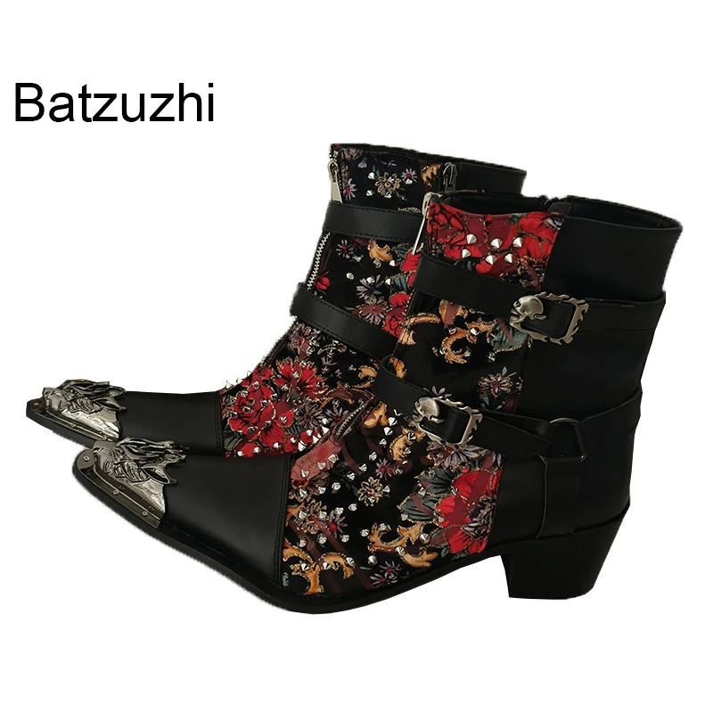 

Batzuzhi Fashion Cowboy Men's Boots 6.5cm Heels Black Leather Ankle Boots for Men Buckles Rivets Boots Botas Hombre Zip,Big Size