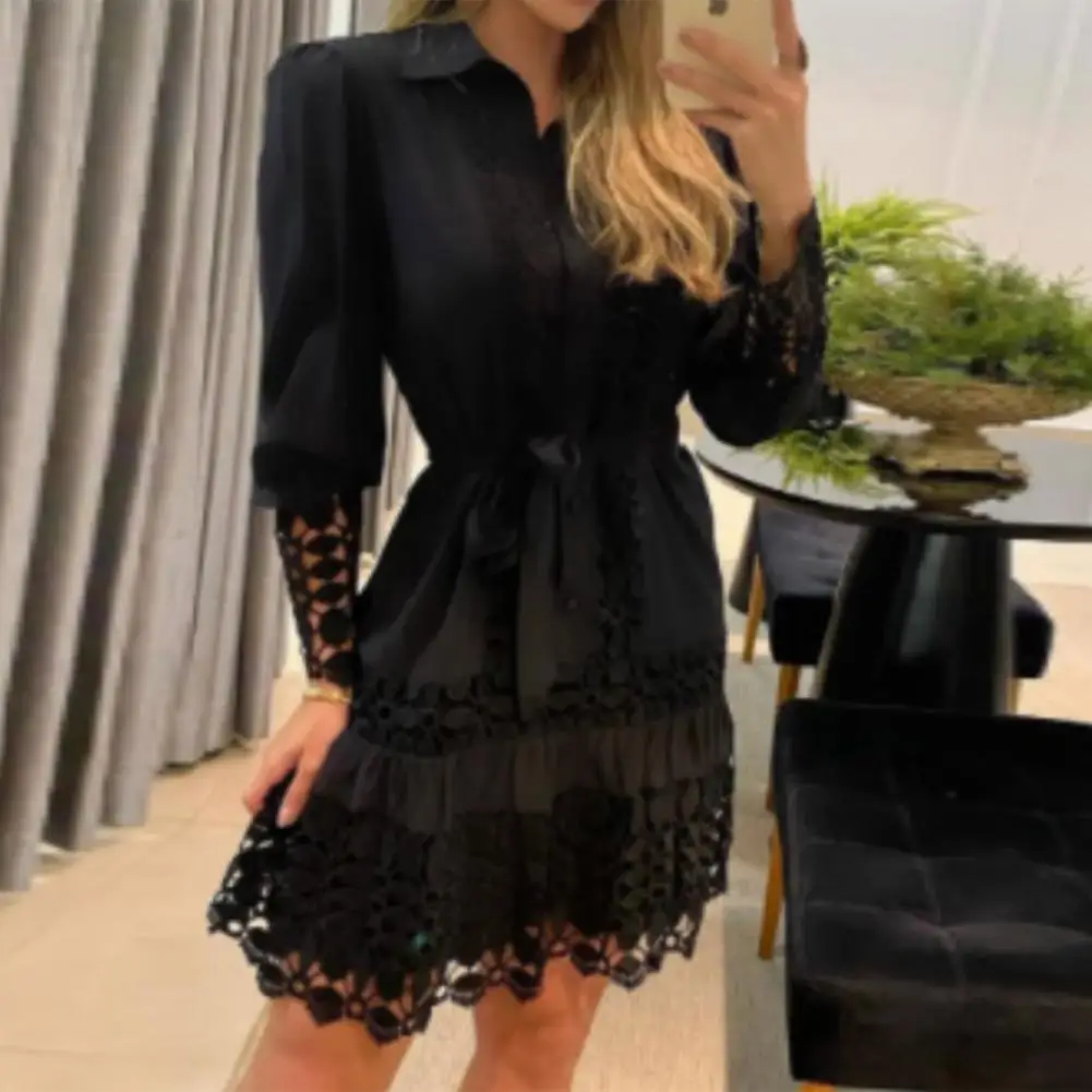 Frühling Sommer neue Langarm für Damen kleider einfarbige Spitze Spleißen Mode Ausschnitt Hemd elegante weibliche sexy Kleid