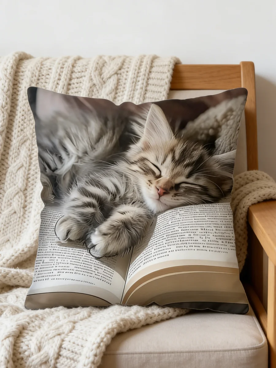 Unique 2D Flat-Printed CAT Face Pillowcase: Non-real Embroidery Design Sofa Cushion Cover, Home Decoration, 2D Printing
