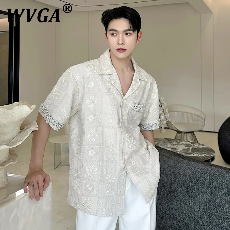 

WVGA Spring Summer New Men Tide Jacquard Embroidery Design Short Sleeve Shirts Pearl Diamond Ribbon Chic Casual Shirt Ins W8094
