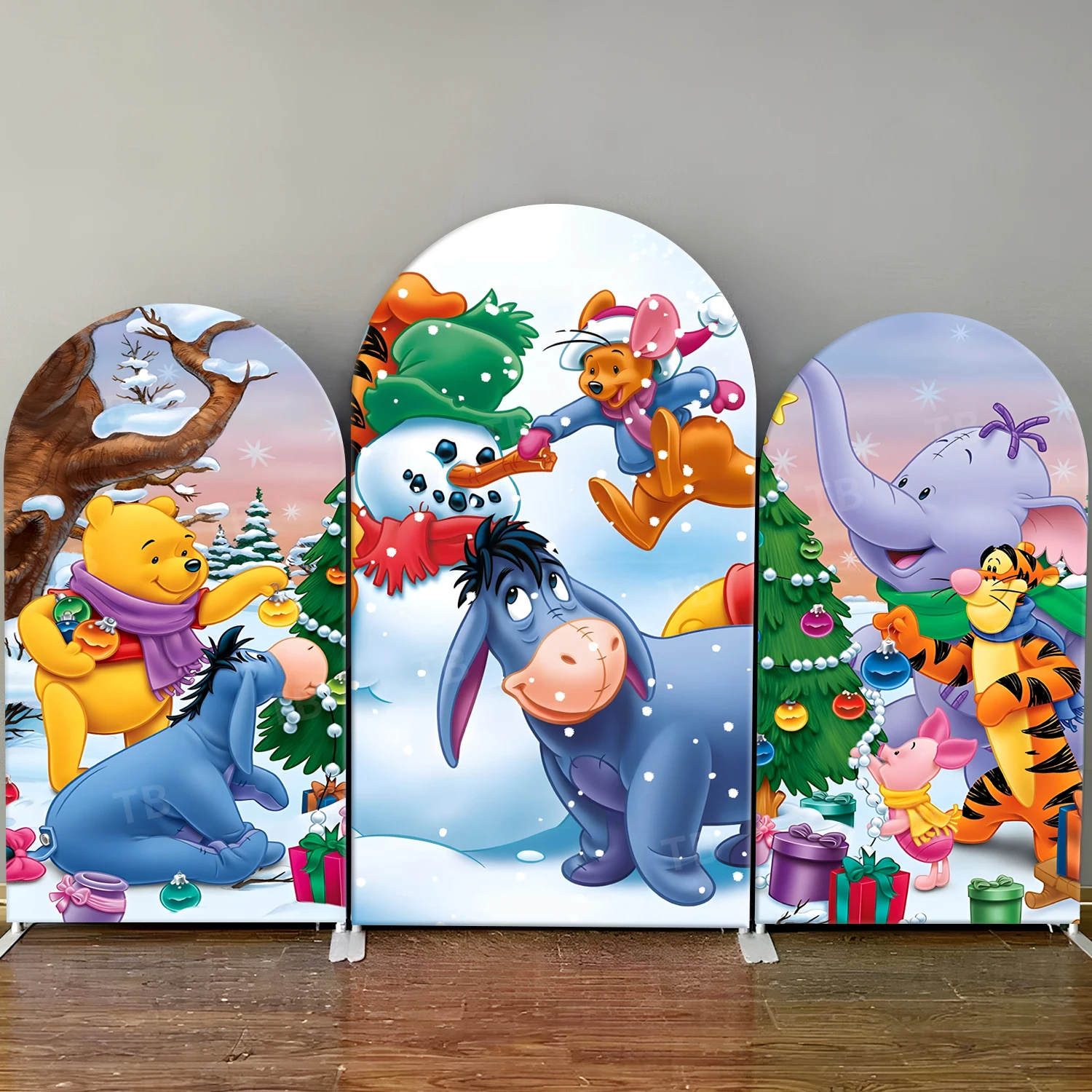 

Merry Christmas Winnie The Pooh Arch Backdrop Cover Snow Christmas Tree Party Decor Baby Shower Photo Background Elastic Fabric