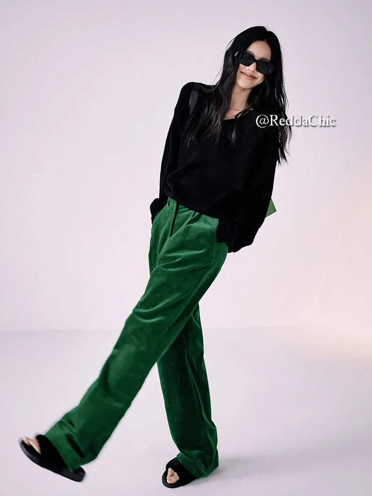 REDDACHiC Xmas Green Vintage Corduroy Pants Women Casual High Waist Wide Leg Striped Trousers Autumn Winter Going Out Streetwear