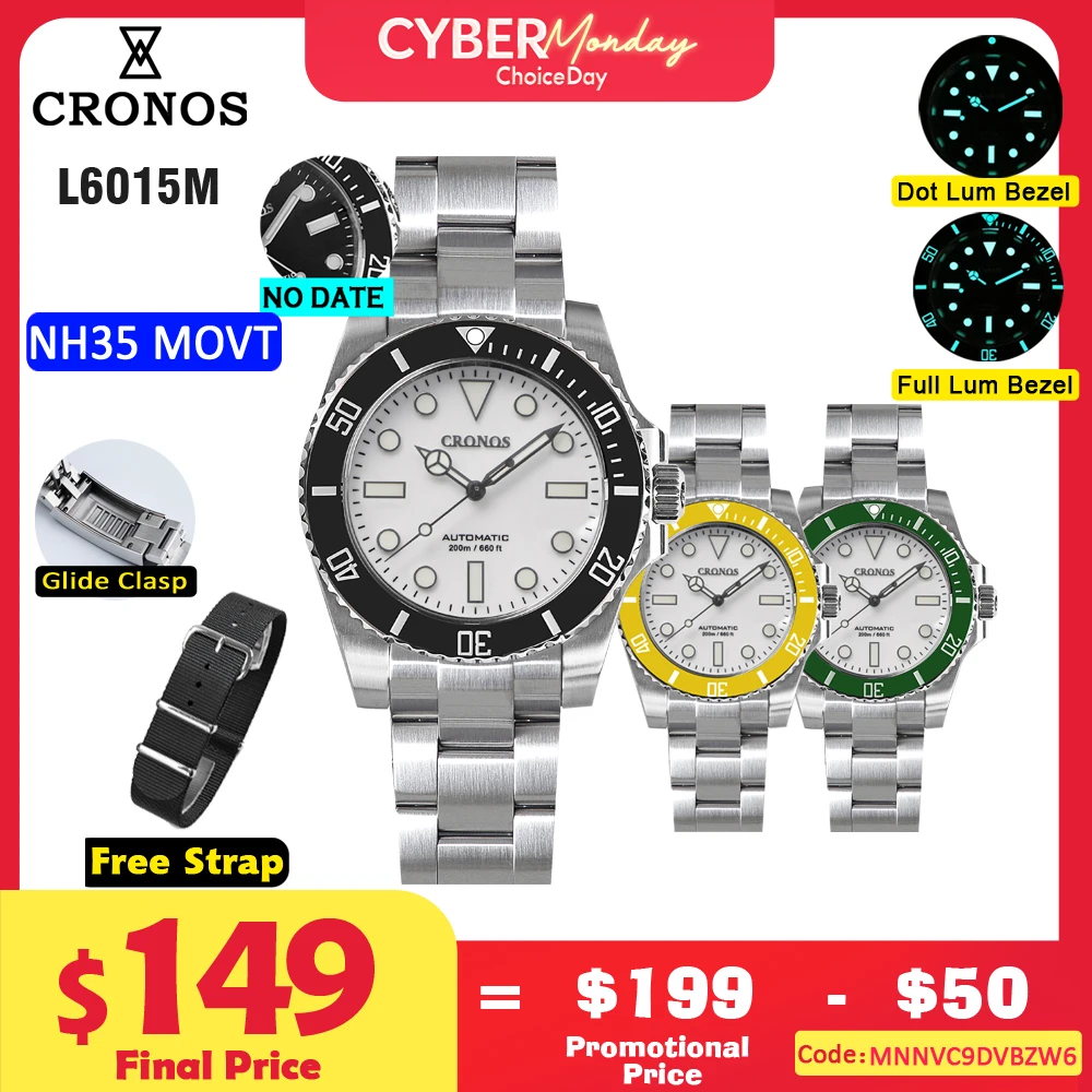 Cronos Sub Diver Men Watch White Dial No Date NH35 Brushed Bracelet Ceramic Bezel 200 meters Water Resistant Glideclasp