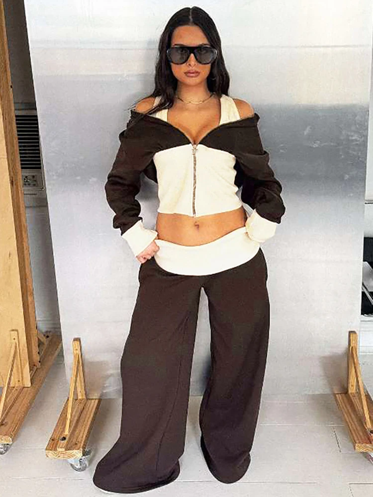 

EOENKKY Sporty Patchwork 2-Piece Set Women Tracksuit Zip Patchwork Hooded Jacket+Straight Pants Matching Casual Streetwear