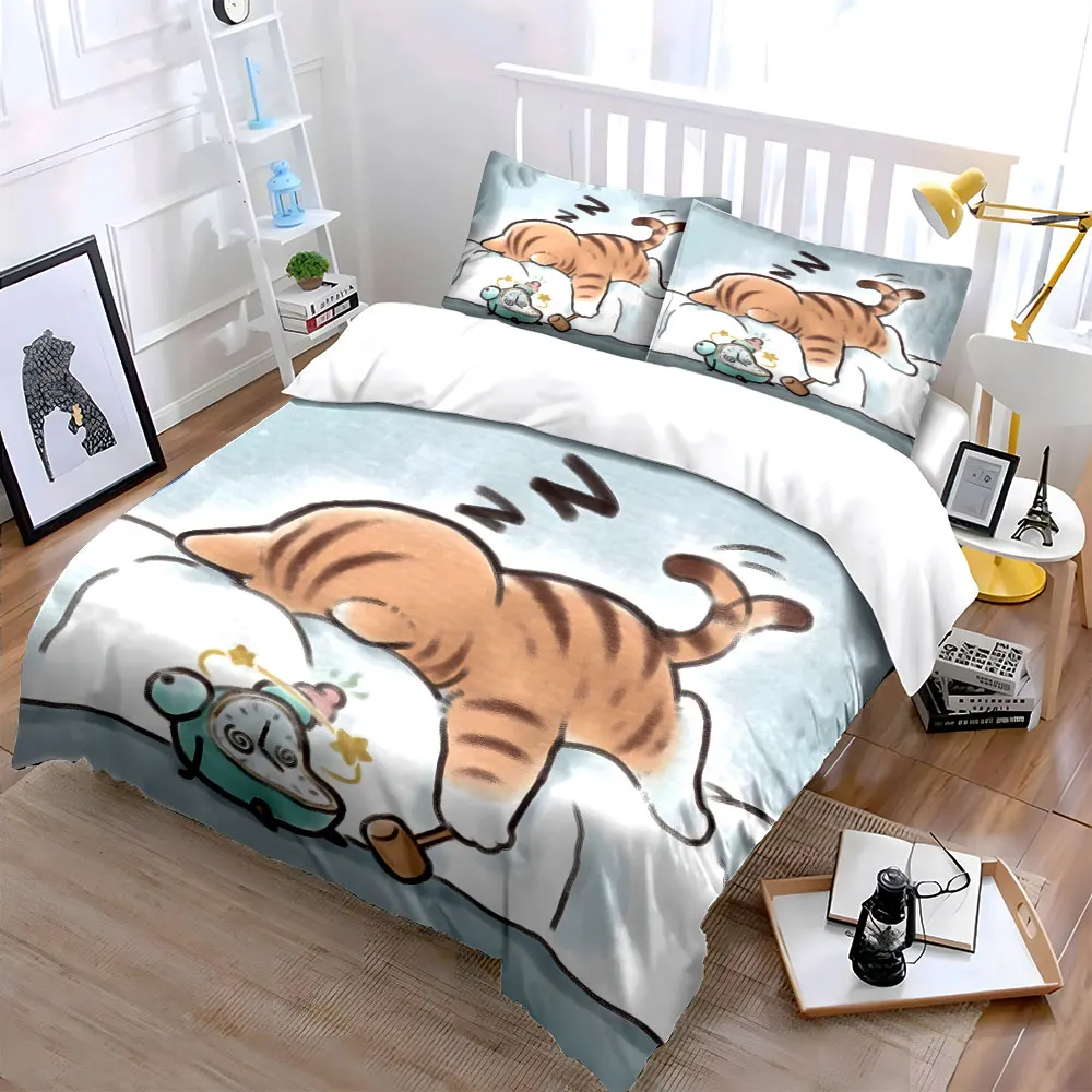 Cat hits alarm clock Printed Duvet Cover Set1 Duvet Cover+2 PillowcaseMulti Size Bedroom Bedding Decoration Luxury gifts