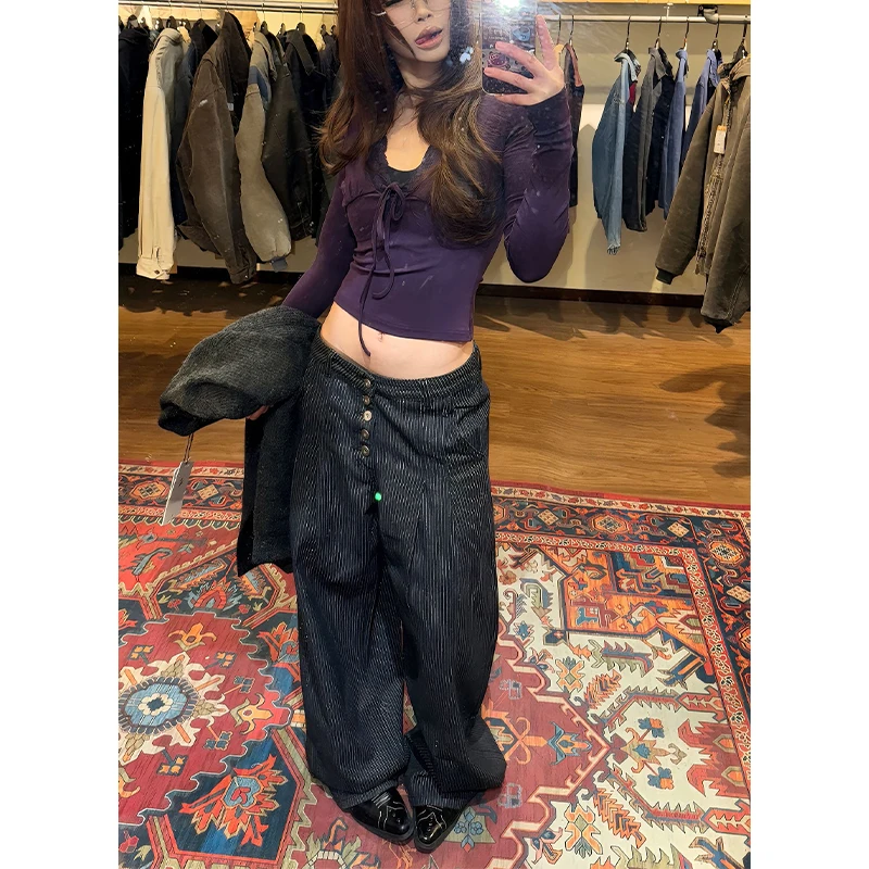 

Women's Pants Y2K Style Cleanfit Black Baggy Casual Pleated Striped Jeans Pants for Women's Clothing Straight Long Trousers 2026