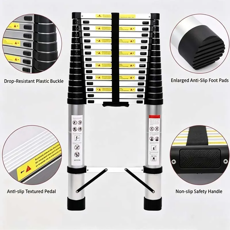 Multi-Size Stainless Steel Telescoping Ladder, 300 lbs Heavy Duty Load, Reinforced Safety Lock & Anti-Slip Nylon Feet, Collapsible Space Saving Design for Indoor Repairs & Outdoor Construction