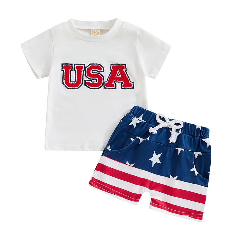 Toddler Boys 4th of July Shorts Sets Short Sleeve Letter Embroidery Tops Star Stripe Print Shorts Sets