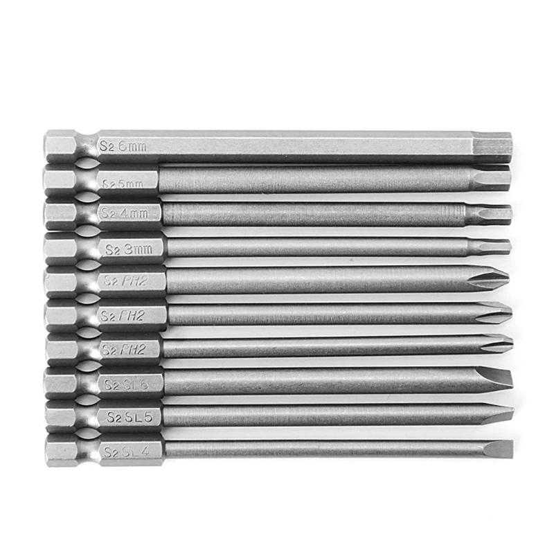 10 Buah Mata Obeng PH2 Berlubang Torx Magnetik 1/4 Batang 100Mm
