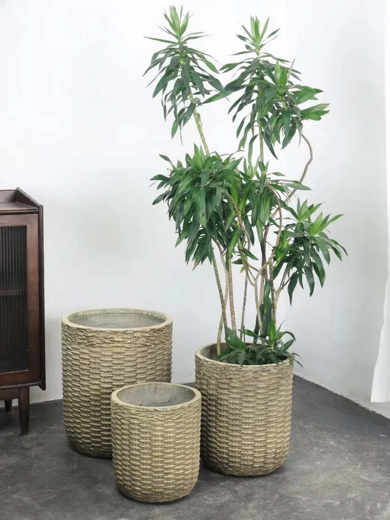 Retro bamboo and rattan woven magnesium mud large flower pot woven design interior