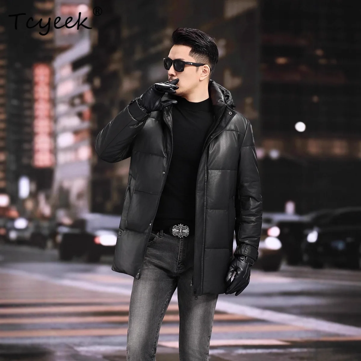 

Tcyeek Top Layer Cowhide Genuine Leather Jacket Men Winter Clothes Mid-length White Duck Down Coat 2025 Mens Coats Jaqueta Couro