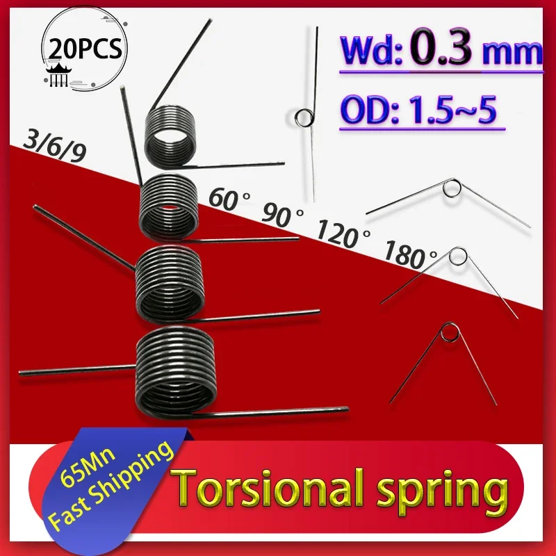 20pcs Wire Diameter 0.3mm  Angle 180/120/90/60 Degree Torsion Spring V-shaped Spring 3 Laps/6 Laps/9 LapsRotary Torsion Spring