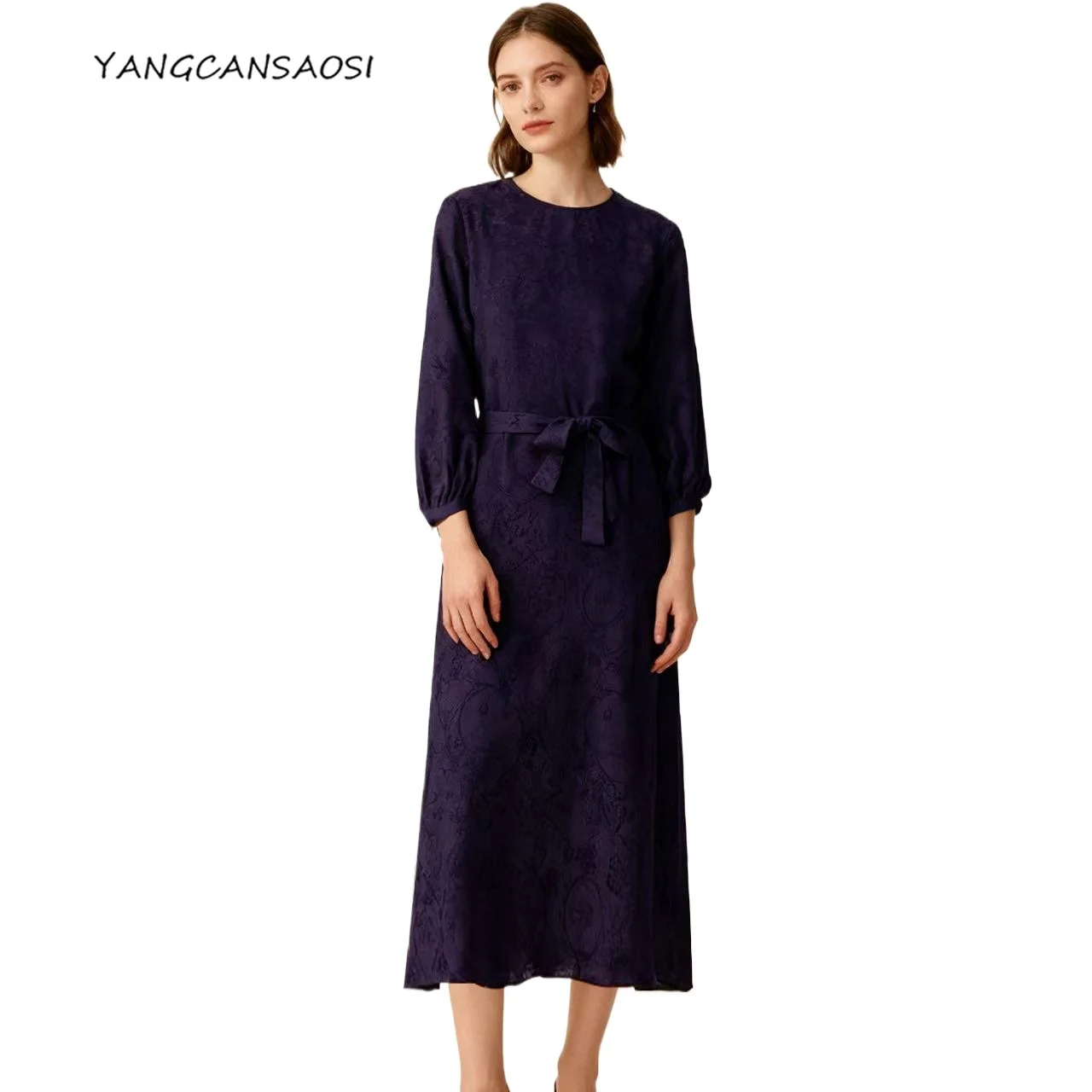 

Fashion Autumn Clothing Double Sided 100% Natural Mulberry Silk Crochet Jacquard Round Neck Three-quarters Sleeve Lace Up Dress