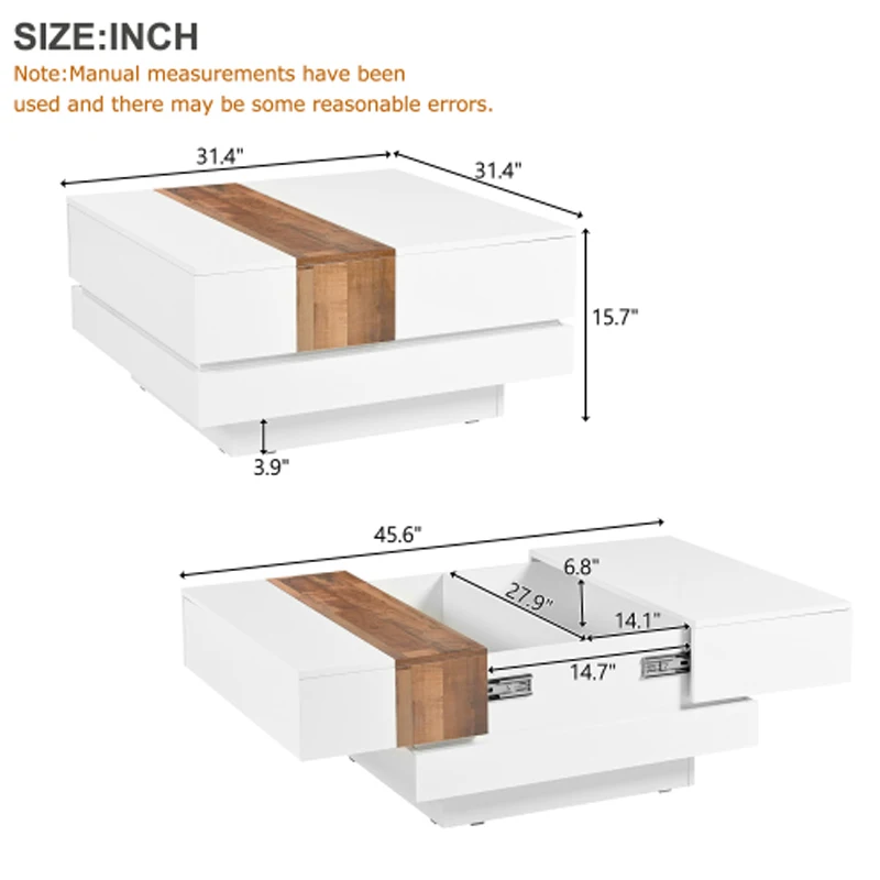 ON-TREND 31,4'' x 31,4'' vierkante salontafel met verschuifbaar tafelblad, hoogglans middentafel met verborgen opbergvak