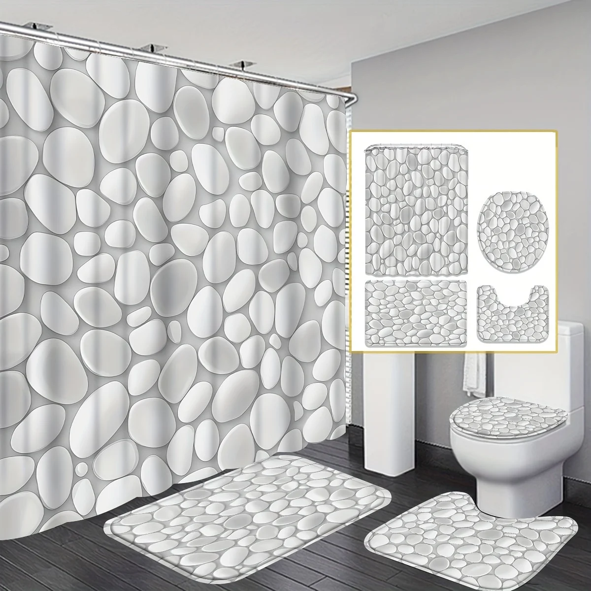 

4pcs Gravel Road Print Shower Curtain Set, Shower Curtain with 12 Hooks, Non-Slip Bathroom Rug, Toilet U-Shaped Mat, Toilet