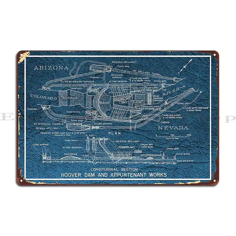Hoover Dam Blueprint 1935 Metal Sign Plaques Garage Iron Retro Bar Cinema Tin Sign Poster