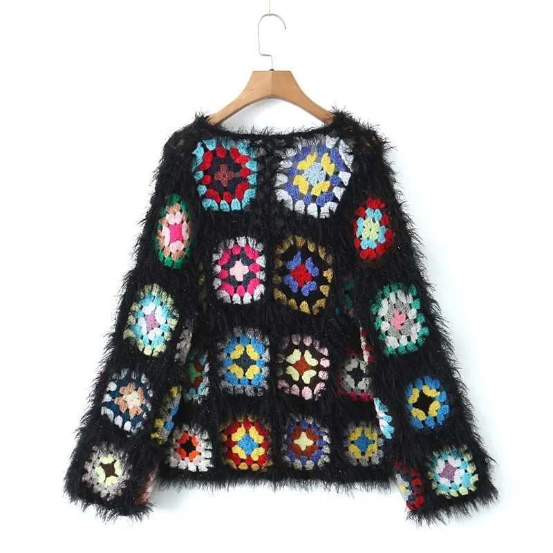 KEYANKETIAN Winter New Women\'s Tassel Contrast Color Plaid Hollow out Handmade Sweater Cardigans Boho Holiday wind Soft knitwear