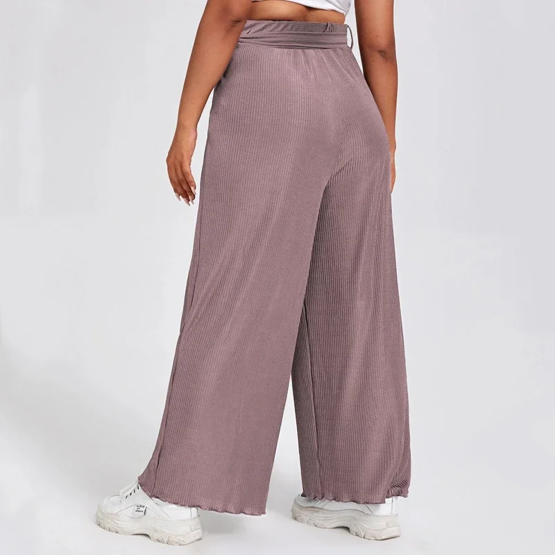 Pantalon d'été élégant à jambes larges, grande taille, ceinture, élastique, tricot côtelé, décontracté, droit, 6XL, 7XL